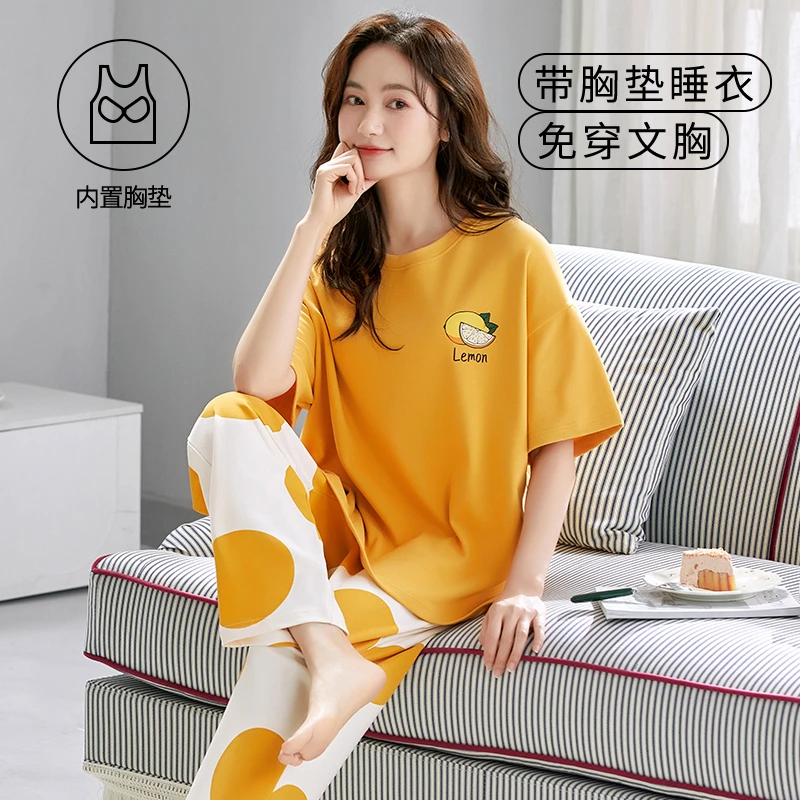 带胸垫一体睡衣女夏季短袖长裤可外穿甜美2025新款薄款套装家居服