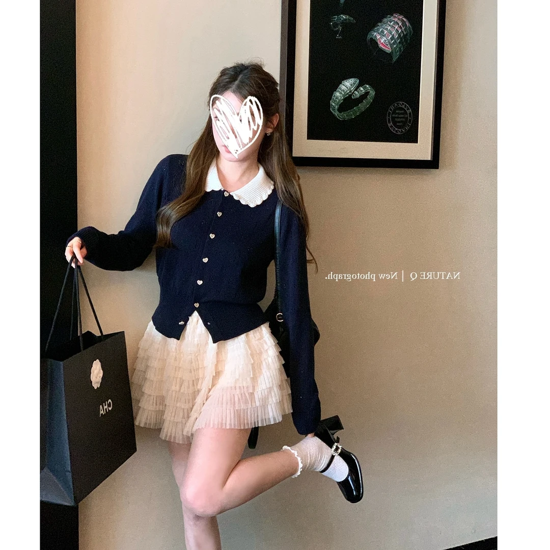 撞色减龄娃娃领针织开衫女春秋2025新款甜美设计感小众百搭上衣