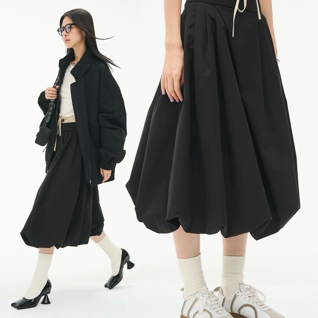 3905#SUOMALA 黑色花苞裙 抽绳半身裙 长78