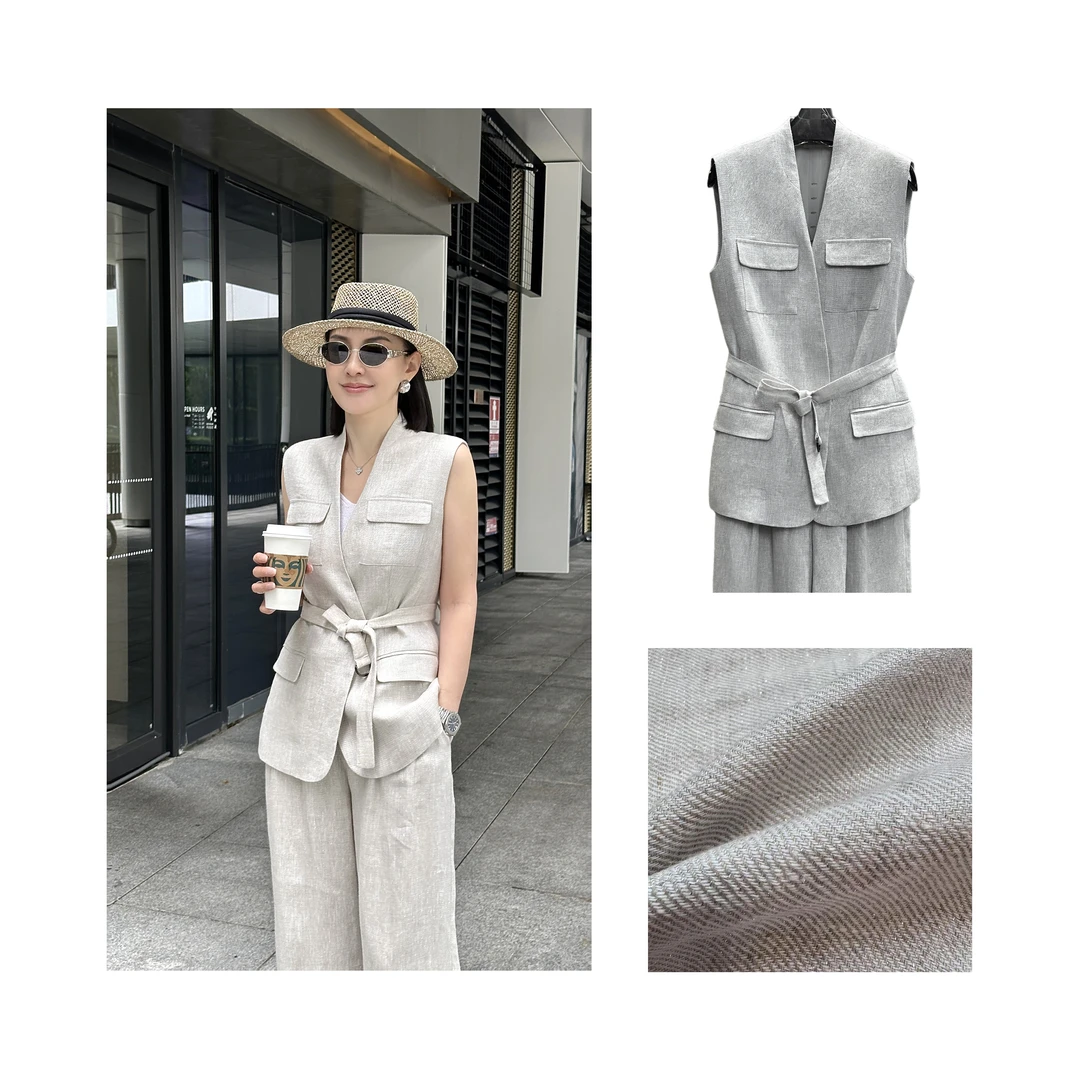 【罗马假日】艾米AMY夏季V领四袋盖银丝亚麻系带百搭马甲25067