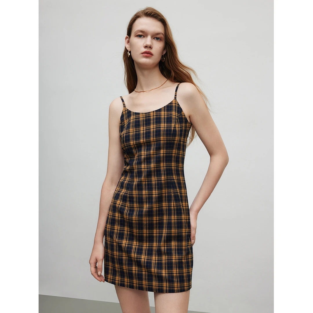 气质连衣裙夏季复古撞色格纹外穿修身吊带裙Y534000447