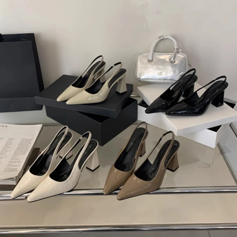 法式小众气质风包头凉鞋女新款漆皮尖头高跟鞋粗跟后空单鞋时装鞋