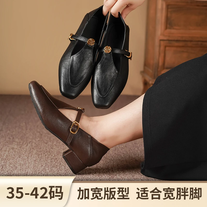 大码粗跟女鞋方头山茶花玛丽珍鞋女一脚蹬踩跟法式复古中跟单鞋