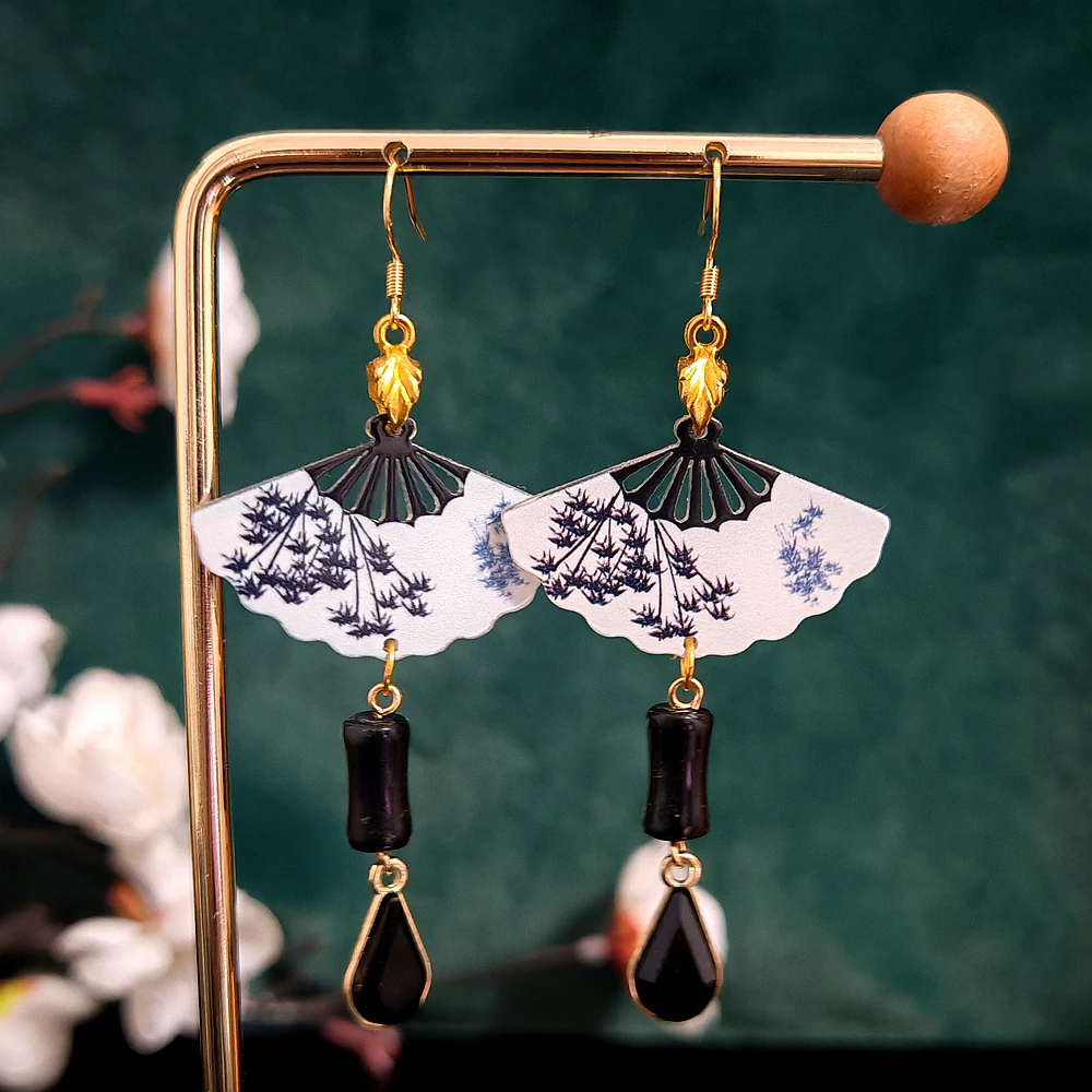 多吉米墨竹扇韵复古新中式原创高级感耳环无耳洞耳夹耳饰配汉服