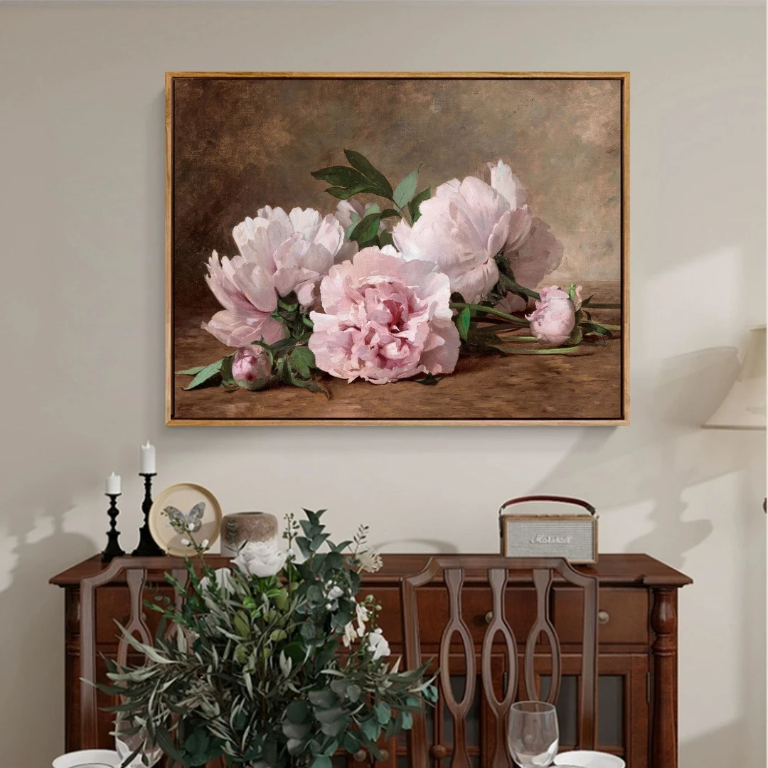 爆品】普雷多尔《牡丹》客厅餐厅背景墙装饰画 手工肌理画芯实木框画