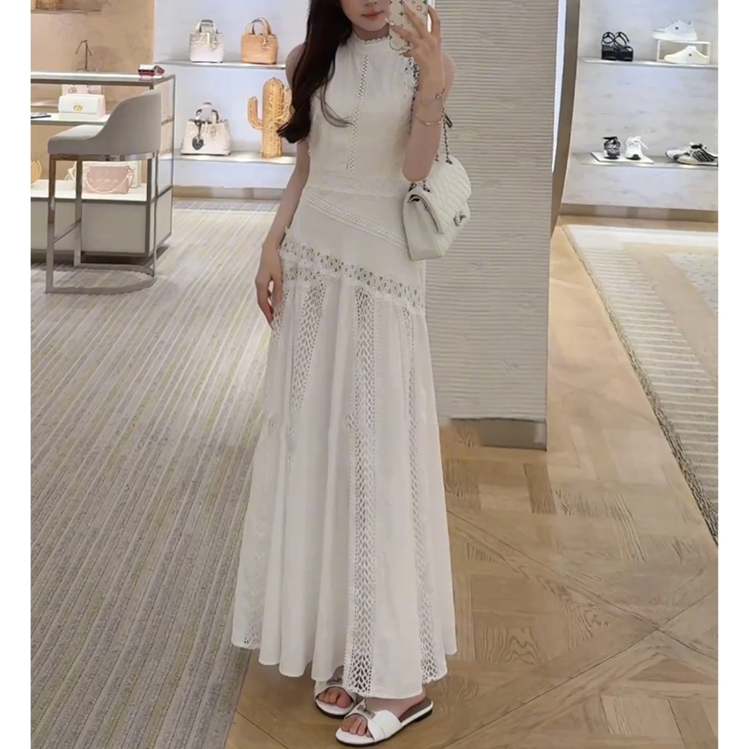 巨好看的夏日蕾丝拼接无袖连衣裙女装2025新款显瘦收腰A字长裙子