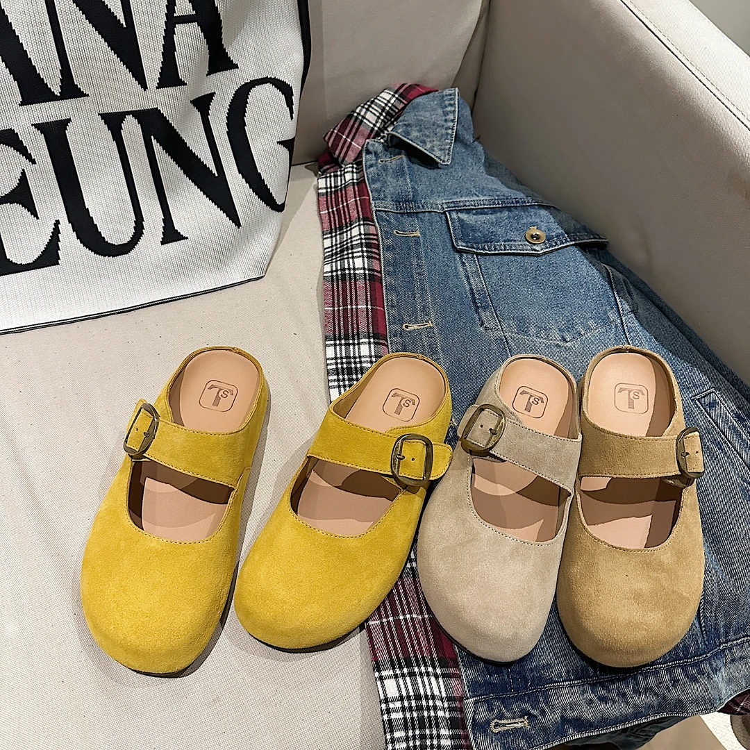 TS复古平底包头半拖鞋女2025夏季新款森系通勤休闲勃肯鞋穆勒拖鞋