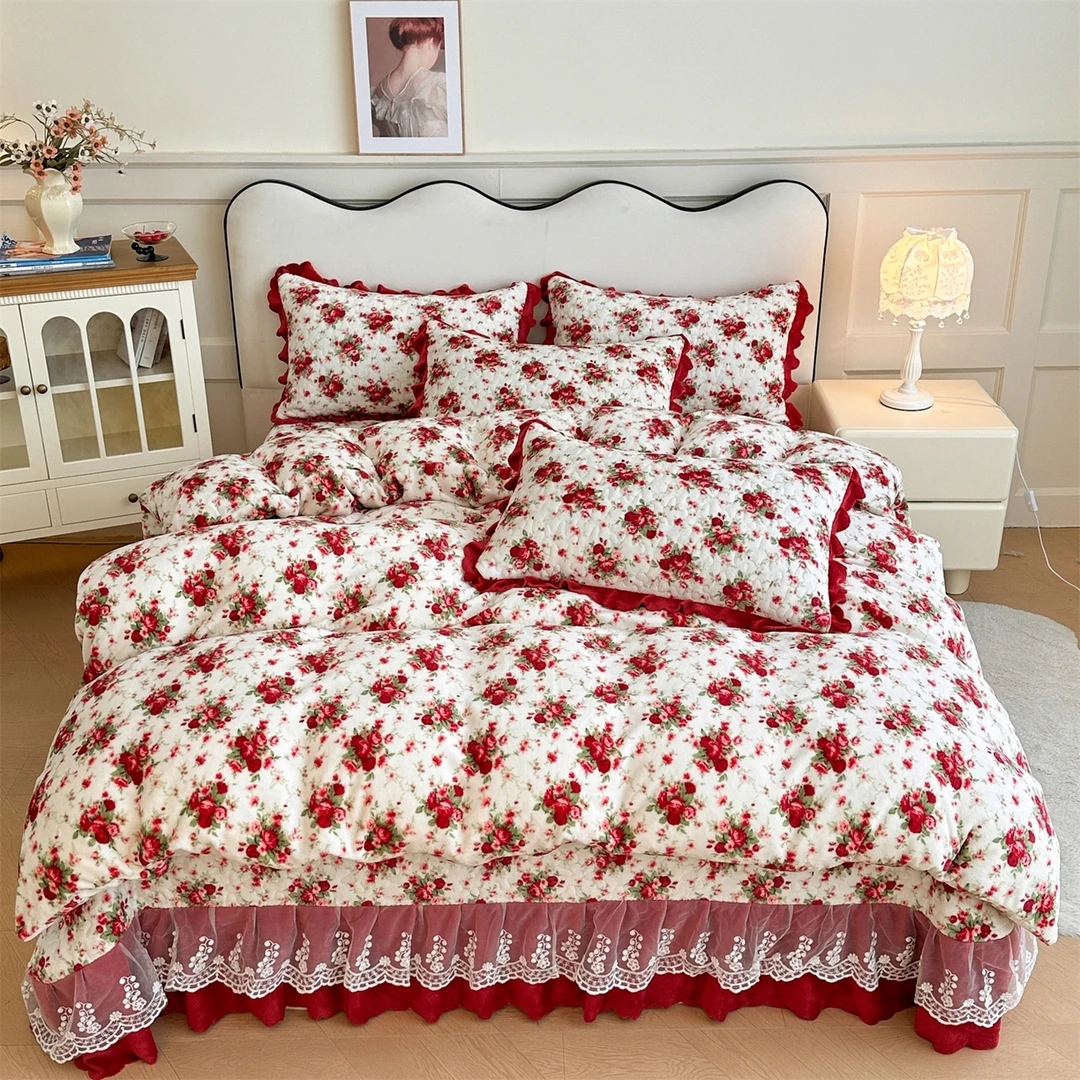 奶绒印花床盖四件套双层蕾丝花边床裙单件三件套梨花落被套床单