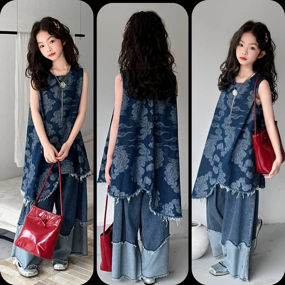 女童套装夏季2025新款儿童洋气复古牛仔裙中大童休闲阔腿裤两件套