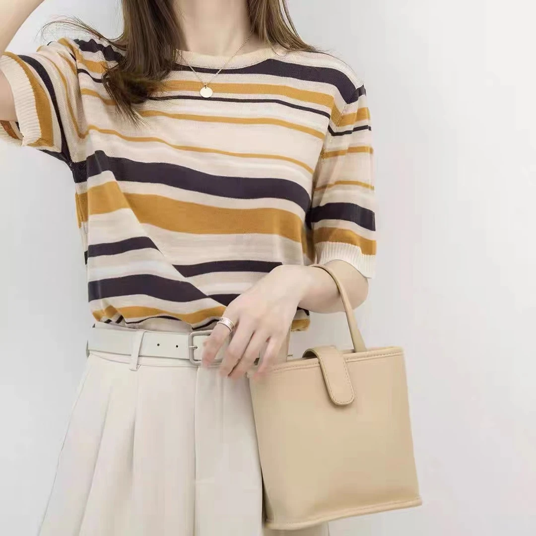 纯棉圆领条纹正肩宽松彩条针织短袖不起球