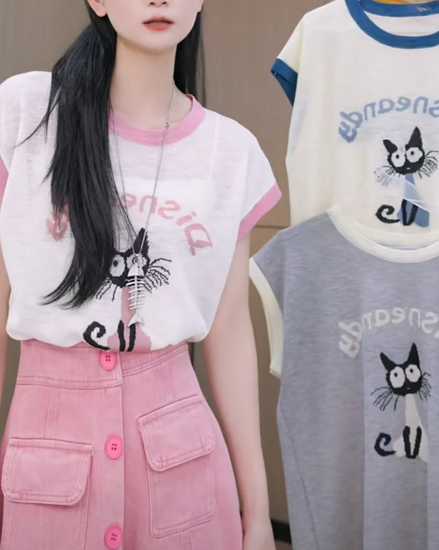 【秀宝女装】设计款百搭猫咪针织T恤XB4338