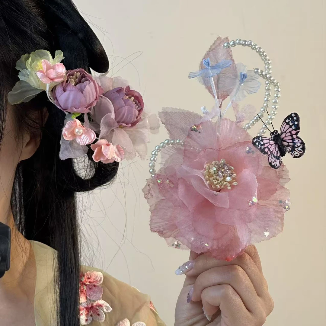 粉蝴蝶蓝蝶绢花汉服古风配饰发饰夏日百搭