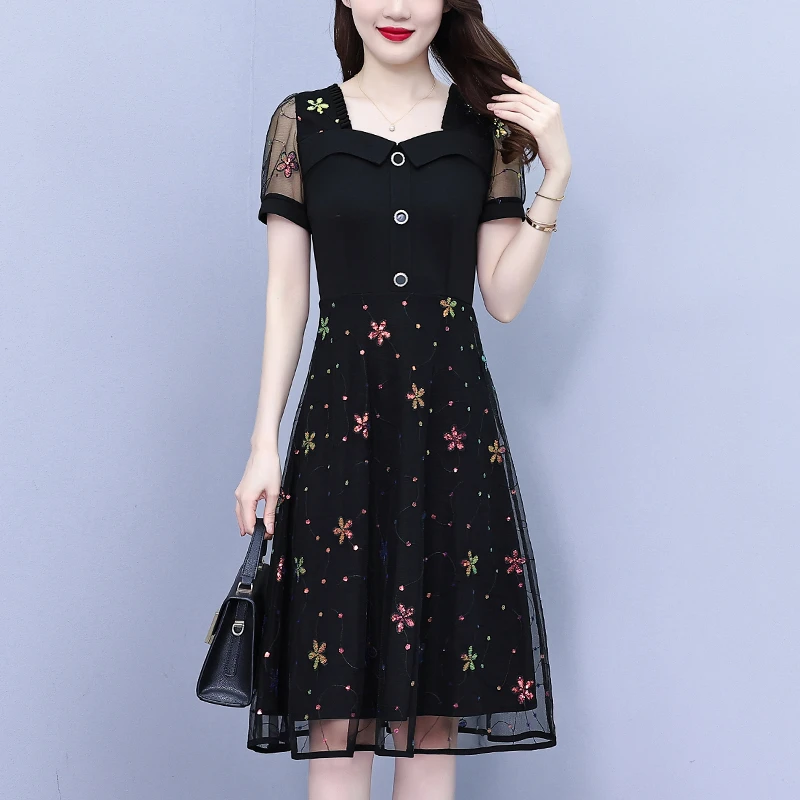 高档假两件连衣裙大码女装2025夏季胖mm镂空网纱拼接显瘦遮肚裙子