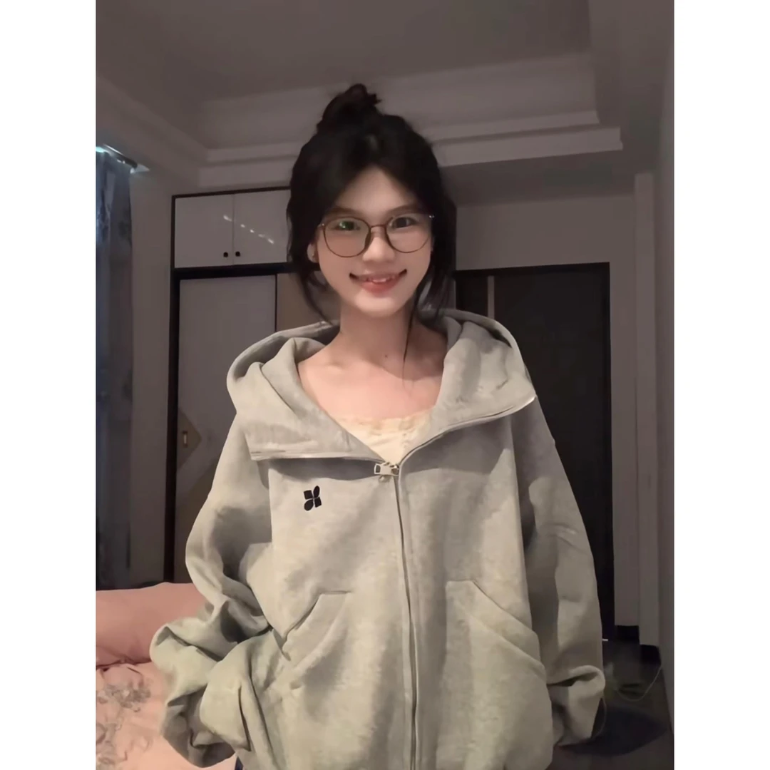 美式复古高领开衫刺绣卫衣女春秋连帽上衣设计感小众宽松情侣外套