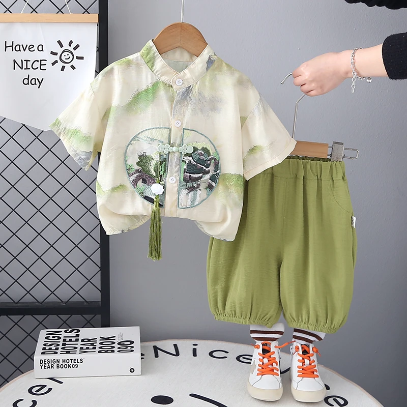 男宝宝夏装套装洋气汉服男童夏季中国风短袖衬衫两件套婴儿小童装
