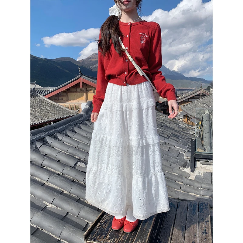 cozydays白色蕾丝拼接蛋糕半身裙女早春2025新款气质宽松显瘦长裙