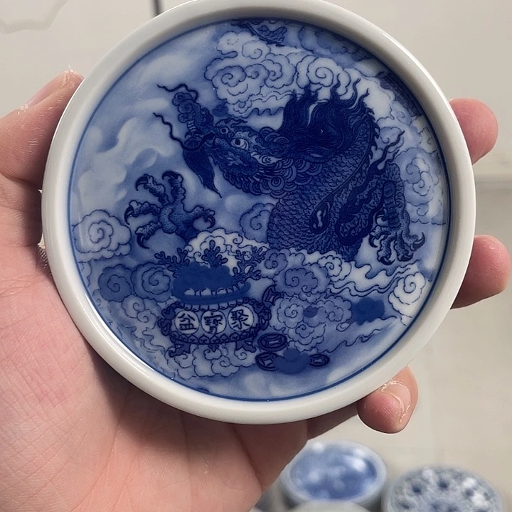 瓷片景德镇青花腾龙献宝盖置