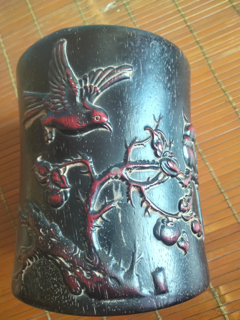 精品老檀木雕花鸟绿色大笔筒高160直径140