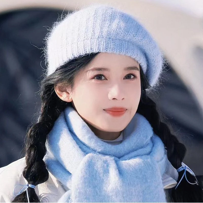 张婧仪同款蓝色帽子冬天针织贝雷帽女秋冬季毛线马海毛画家女士
