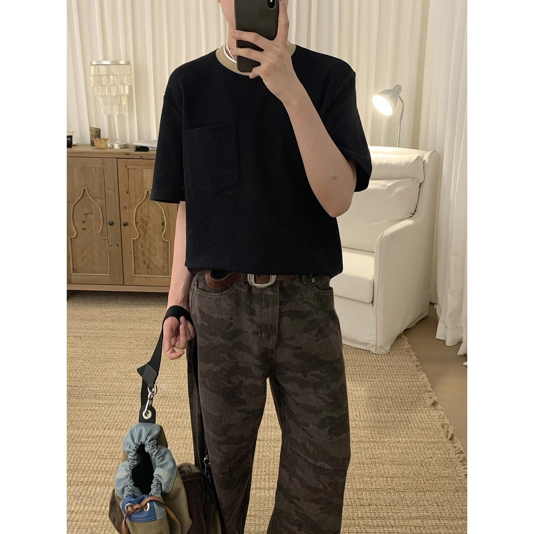 阿茶与阿古高级感撞色领短袖t恤男夏季潮流宽松休闲上衣A2504604