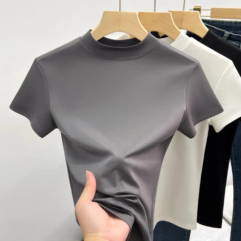 芯娇晴高端烟灰短袖T恤女装夏季洋气上衣修身体恤打底衫垂感柔软
