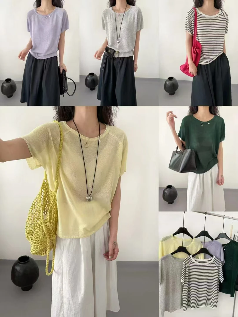 2025年夏季新款和纸纱显瘦百搭休闲宽松纯色针织圆领慵懒风短袖