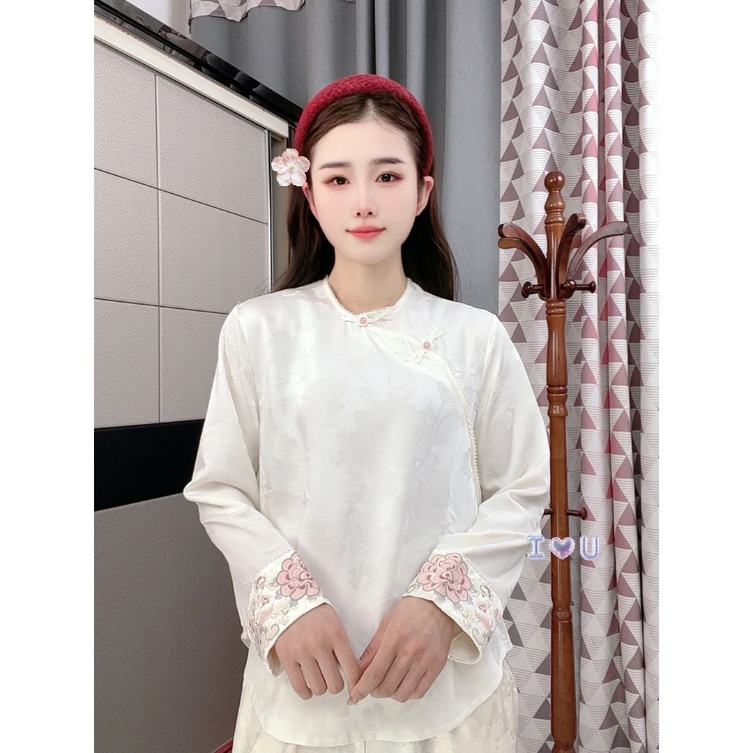 【绣荷】新中式人丝提花女士衬衫长袖春新款改良斜襟盘扣国风上衣