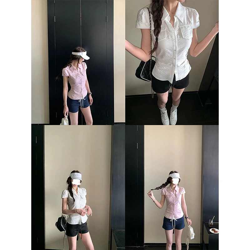 Moses Queen/魔西女王掐腰口袋衬衫上衣夏时髦凉感显瘦polo领衬衣