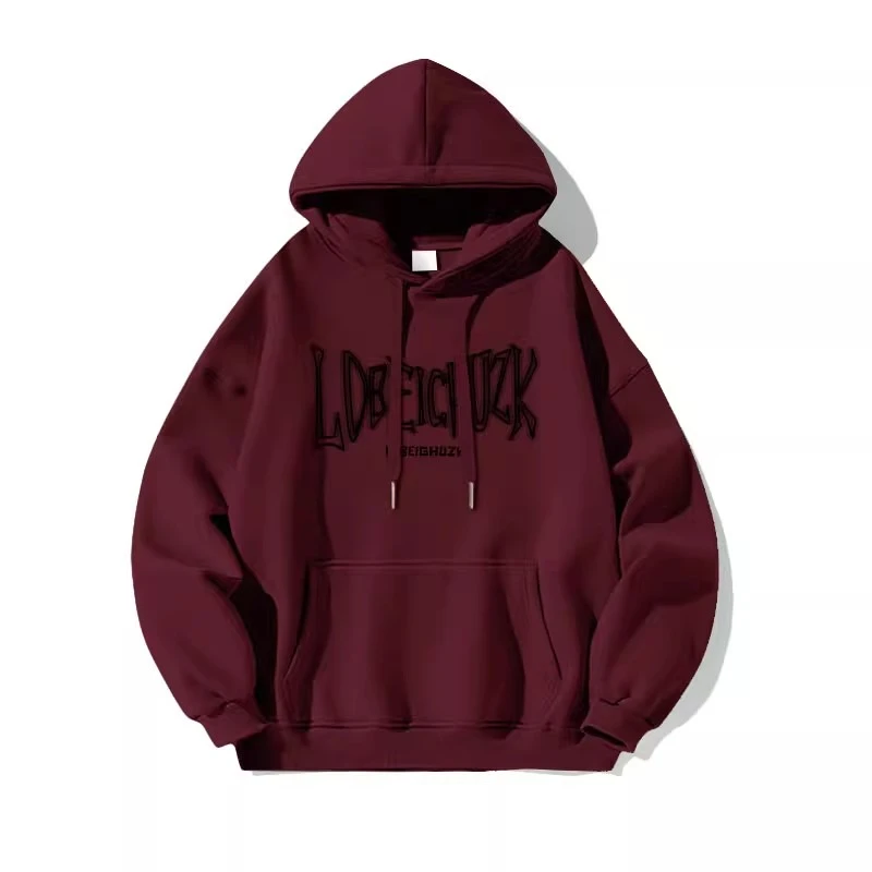2025美式酒红色连帽卫衣男款春秋新款秋冬加绒潮牌青少年加厚外套