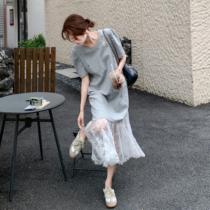 蕾丝拼接连衣裙女2025夏季新款高级感法式气质显瘦设计感T恤裙子