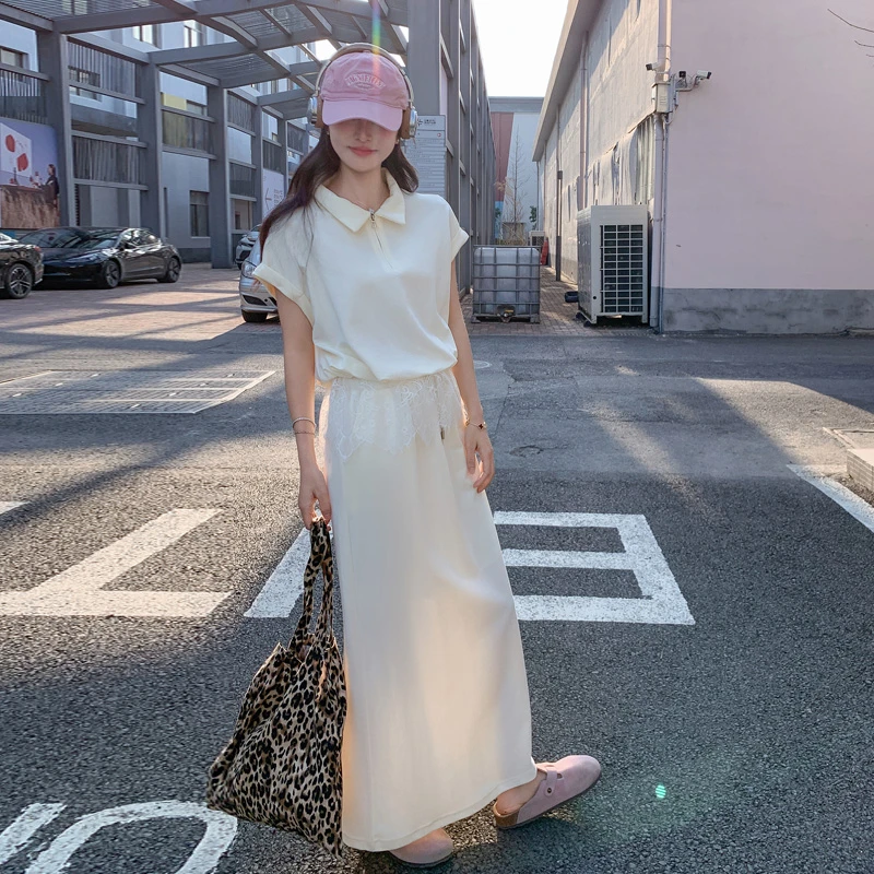 韩系设计感polo领卫衣套装裙女2025夏季新款运动风蕾丝拼接两件套