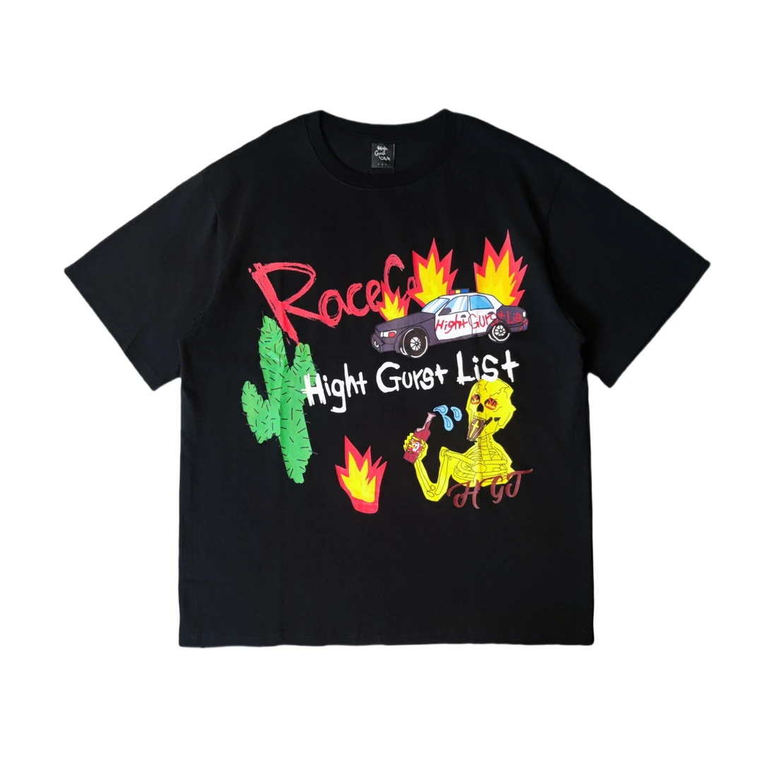 黑色卡通手绘恶魔高街T恤宽松时尚个性嘻哈潮牌纯棉短袖T恤