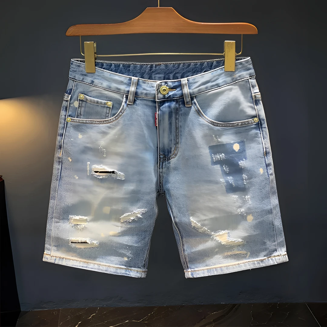 夏季破洞牛仔短裤男潮流美式休闲弹力直筒五分裤水洗蓝色休闲中裤