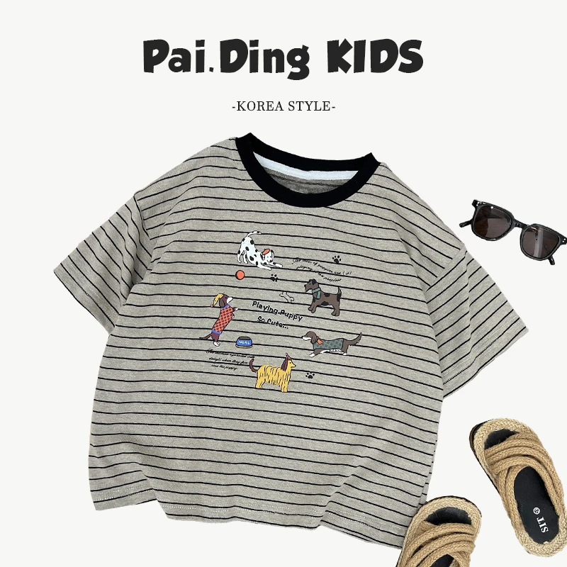 Q【派町现货】夏装儿童韩版撞色条纹可爱卡通宽松圆领短袖T恤SJ5636