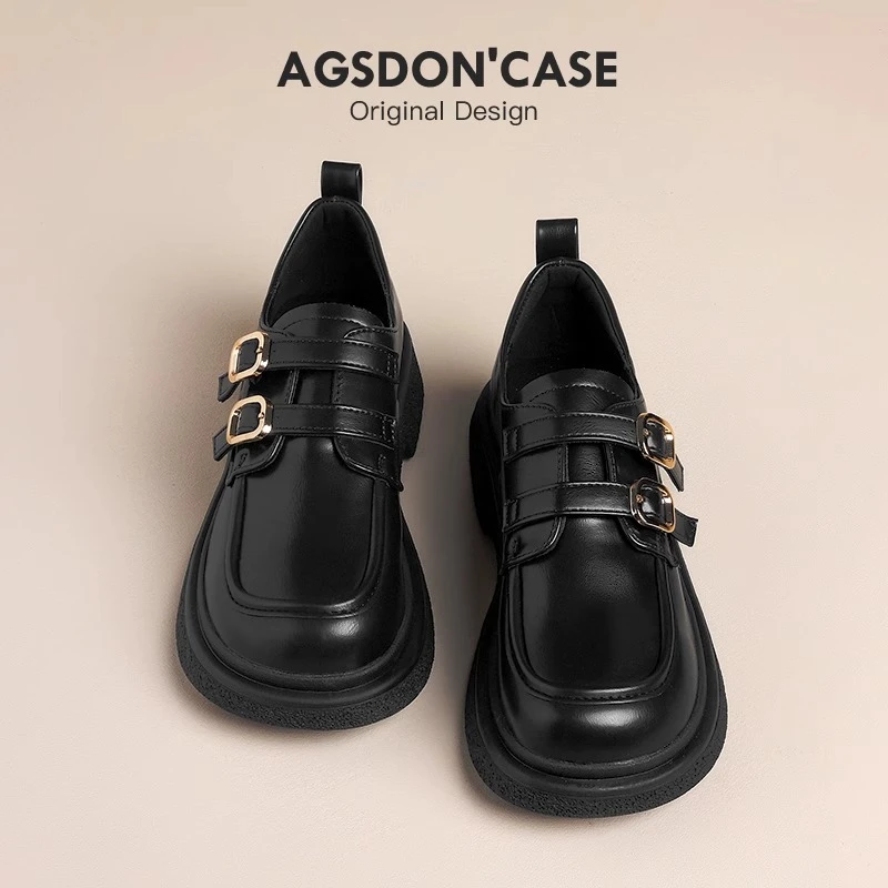 奥古狮登黑色乐福鞋女2025新款春秋厚底增高单鞋配裙子英伦小皮鞋