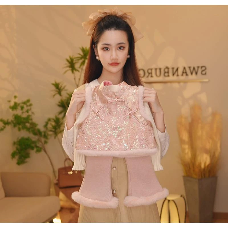 （现货）【Y.a6193】新款女宝重工亮片马甲百搭针织衫微喇裤新年套装