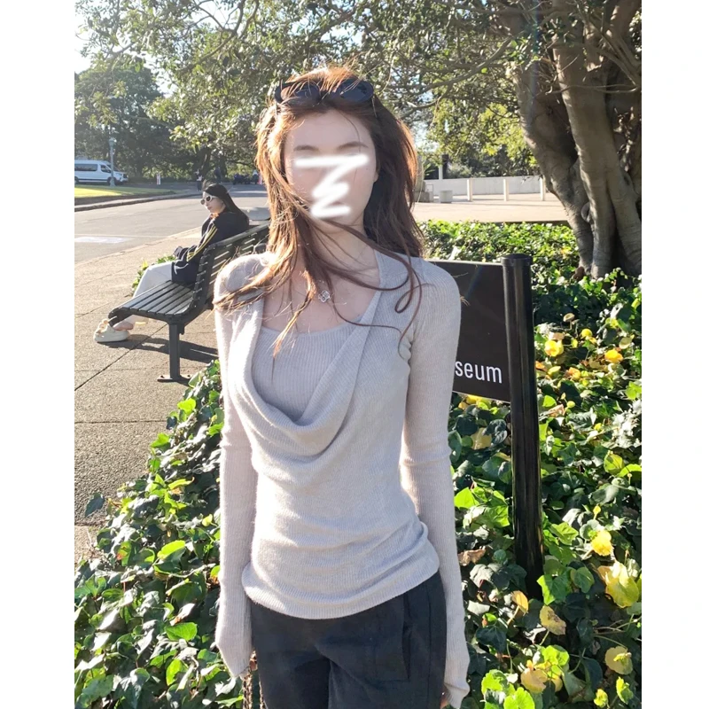 高级感荡领针织衫女秋冬2025新款收腰褶皱内搭超好看显瘦长袖上衣