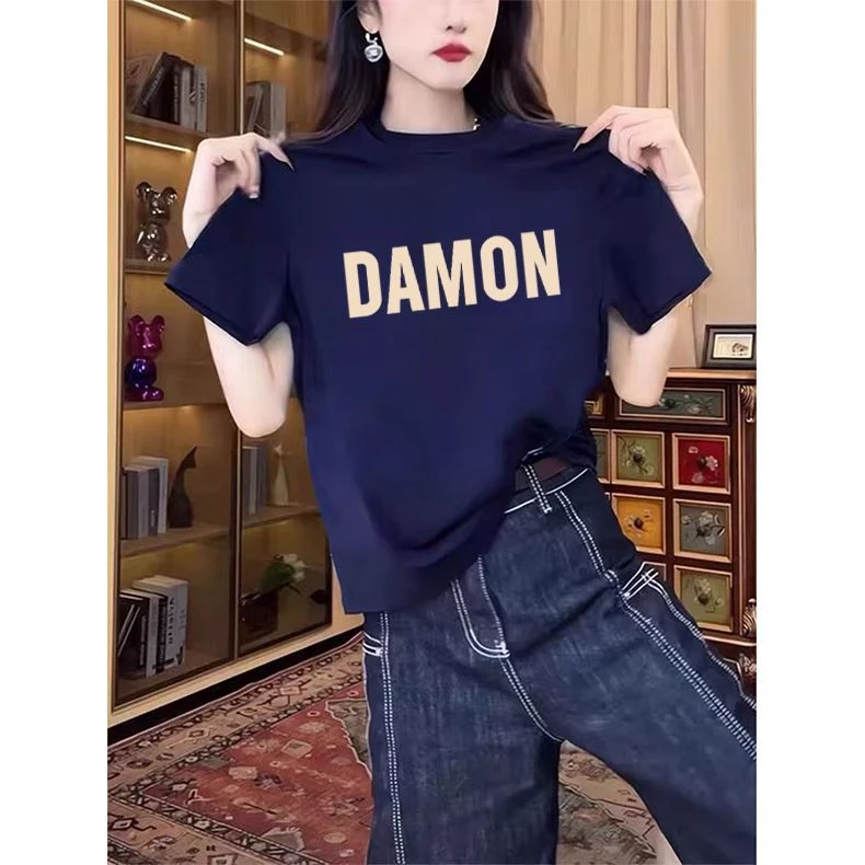 小众设计感正肩纯棉短袖t恤女2025新款时尚百搭藏青色上衣夏季潮