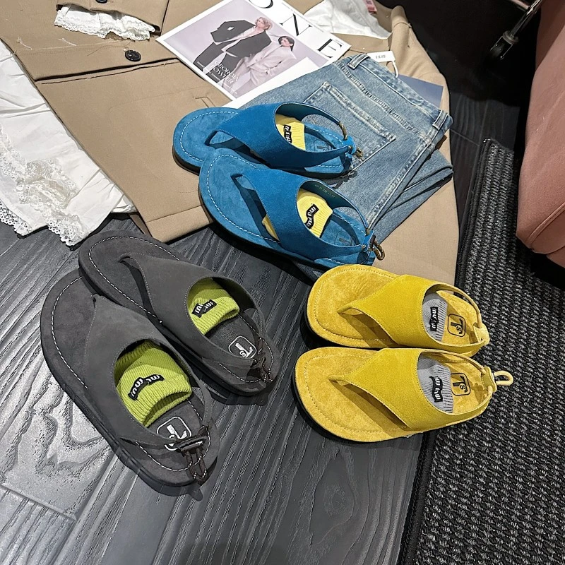 TS休闲拖鞋2025简约百搭纯色平底圆头潮流时尚凉鞋