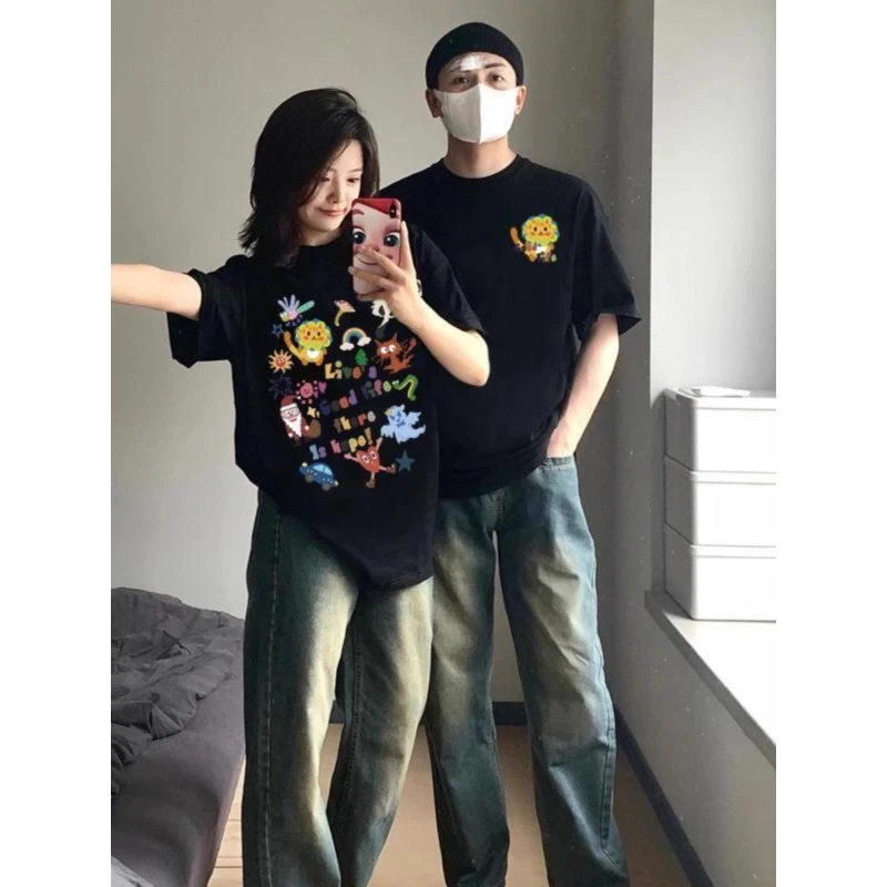 卡通创意印花潮牌情侣休闲短袖2025夏日新款情侣穿搭高级设计半袖