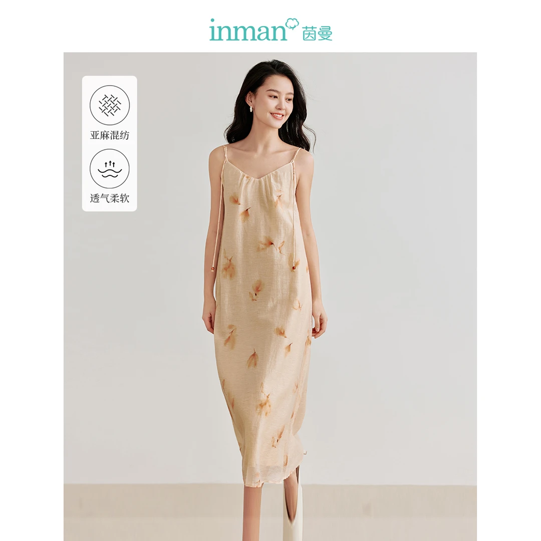 茵曼2024夏季新款女连衣裙裙子吊带裙吊带女装高端休闲棉麻印花