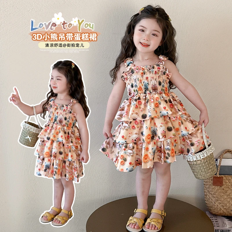 女童夏季吊带连衣裙洋气甜美儿童公主蛋糕裙夏装小女孩碎花沙滩裙