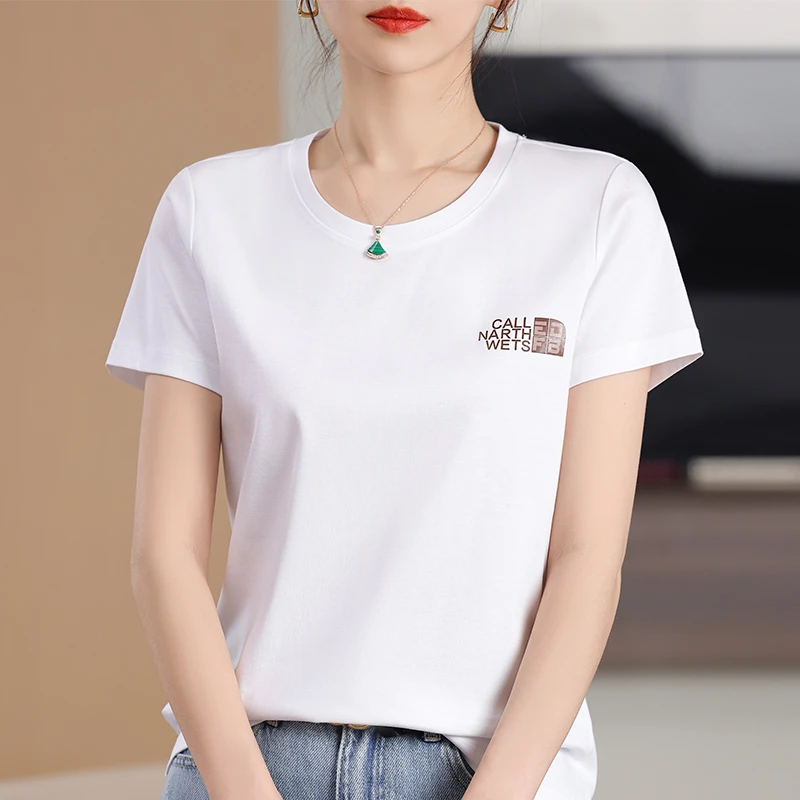 高端100%纯棉T恤女130支双面丝光棉短袖圆领宽松大码夏季百搭印花