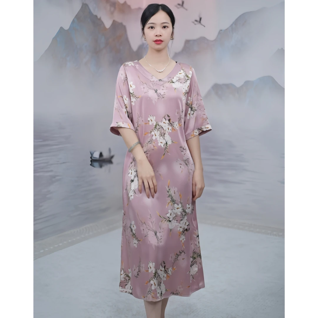 2659  高级感婀娜花海文艺印花单层V领显瘦国风连衣裙