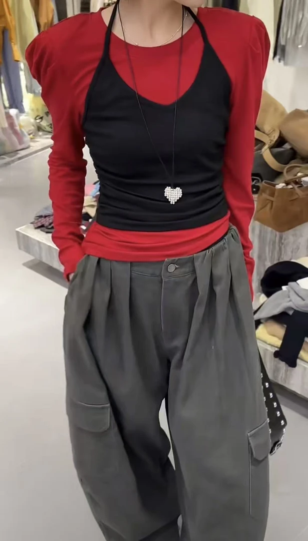 【NANA】秋季韩版挂脖拼接泡泡袖假两件T恤63567