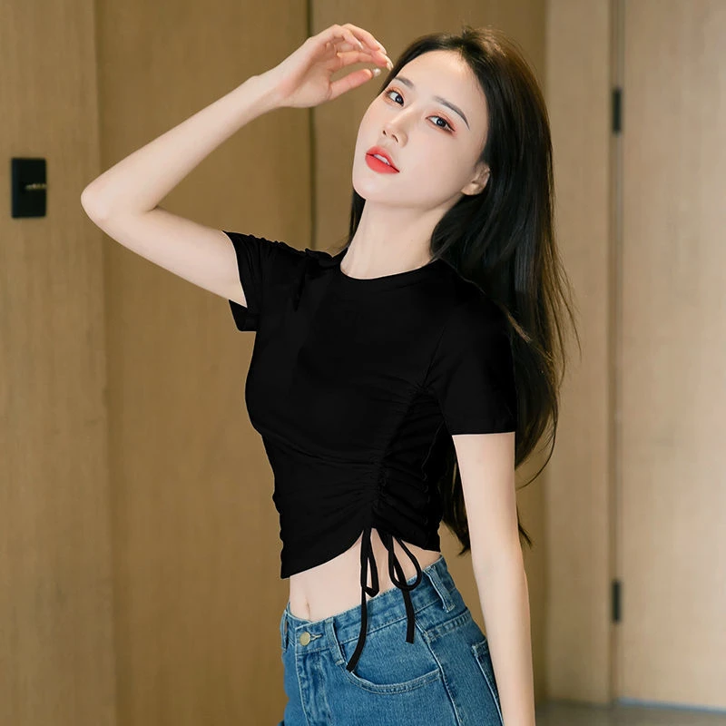 新款小众绑带抽绳短袖t恤洋气衣服女夏修身网红ing短款露脐纯欲风