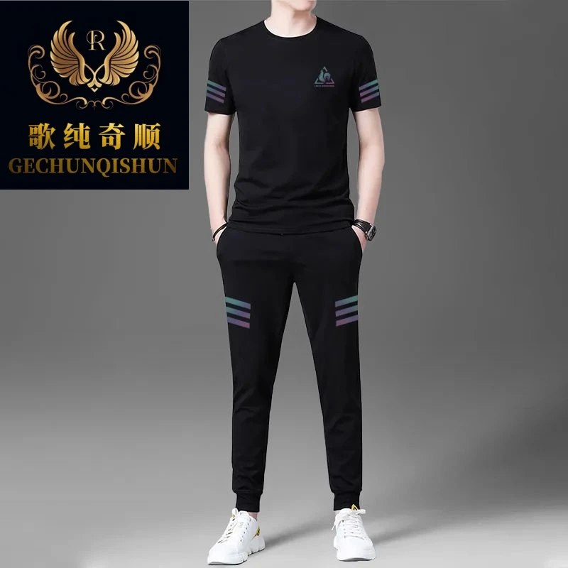 法国公鸡夏季男士薄款冰丝短袖长裤运动套装时尚休闲跑步服两件套