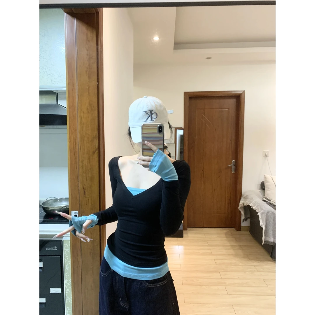 韩系撞色假两件拼接v领长袖t恤女秋季设计感小众高级感打底衫上衣