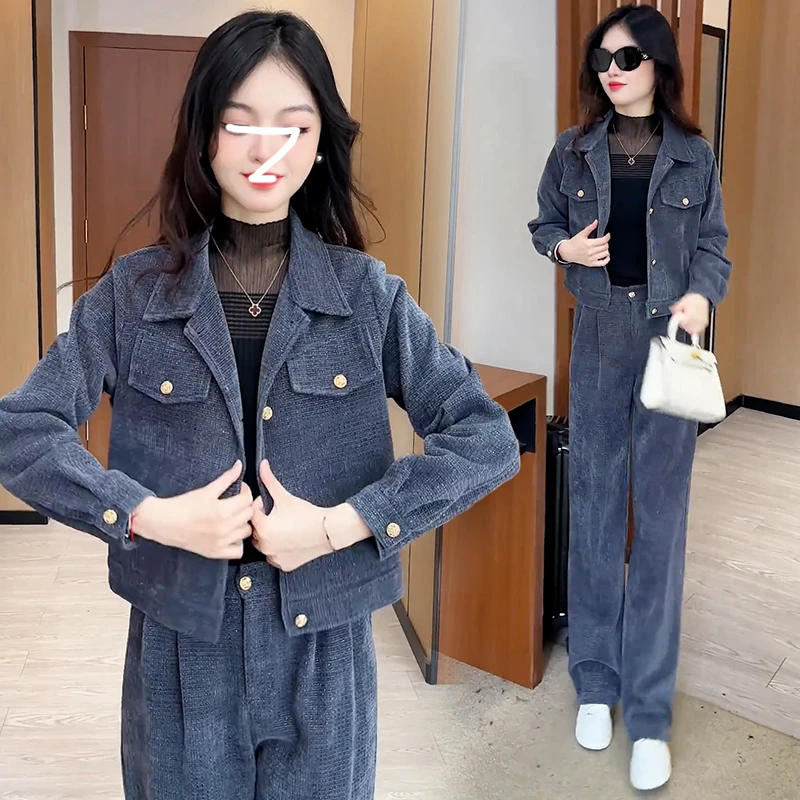 小个子时尚休闲套装女2025年冬季新款修身显瘦外套阔腿裤两件套潮