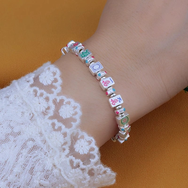 足银手链 麻将手链女珐琅彩招财古法银手串十三幺发财手链
